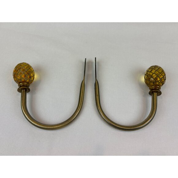 Pineapple Drapery Holdbacks Set Of 2 Amber Mosaic Glass & Brass Curtain - Picture 3 of 8